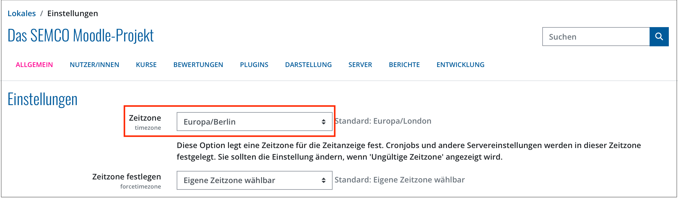 Zeitzone in Moodle einstellen