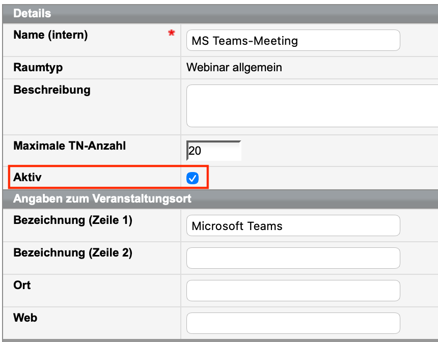Bearbeiten der Details für einen Veranstaltungsort / Raum