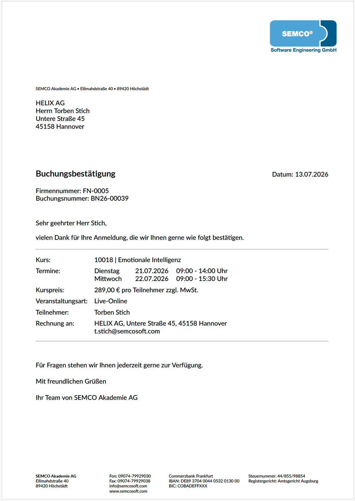 Buchungsbestätigung für eine Firmendirektbuchung