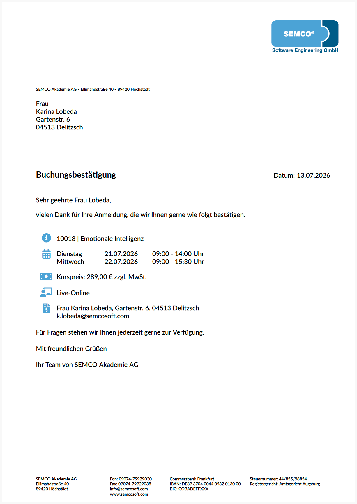 Buchungsbestätigung für eine Privatbuchung