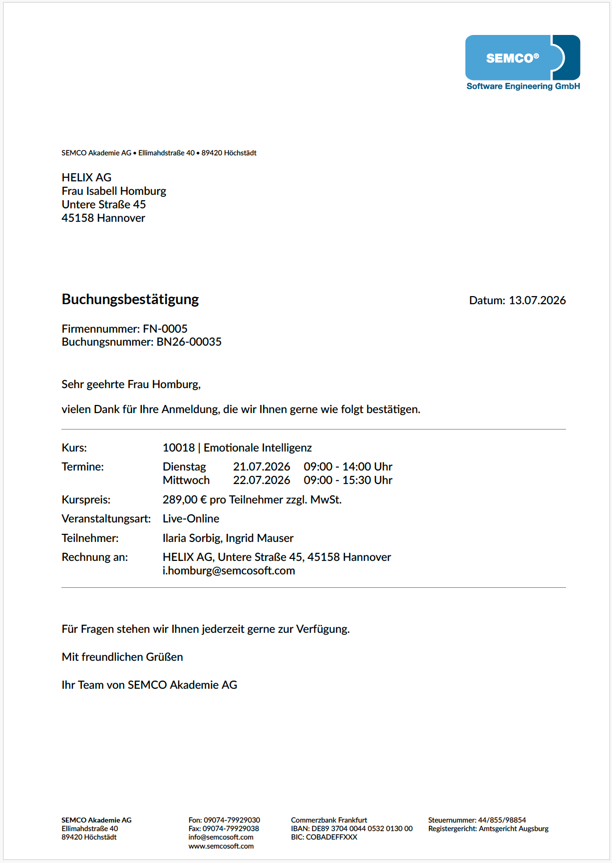 Buchungsbestätigung für eine Buchung über Besteller