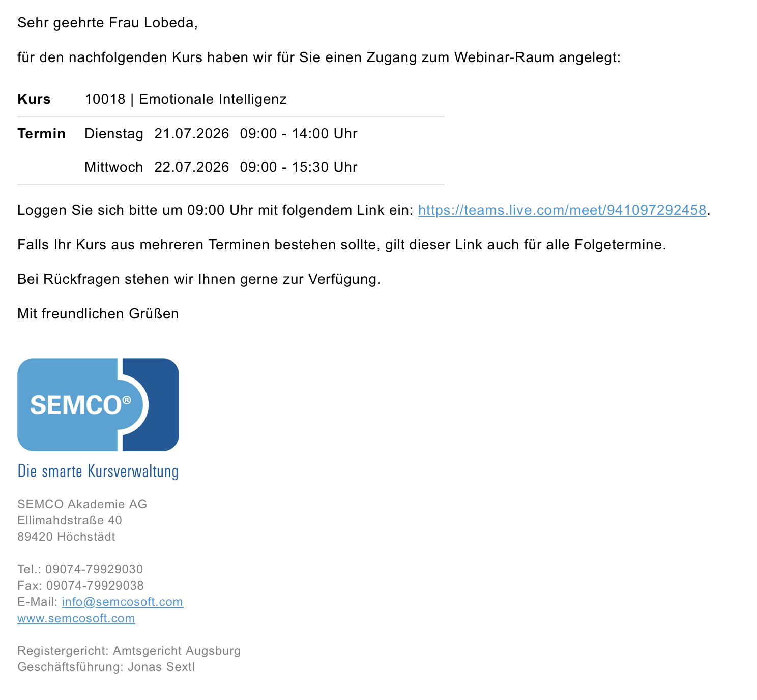 E-Mail mit dem Link zum MS-Teams-Webinar