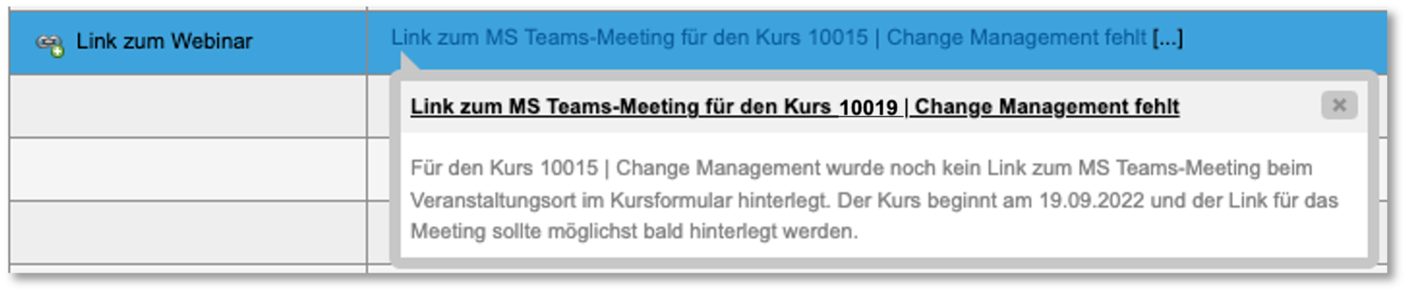 Inbox-Meldung bei fehlendem Link zum MS-Teams-Webinar
