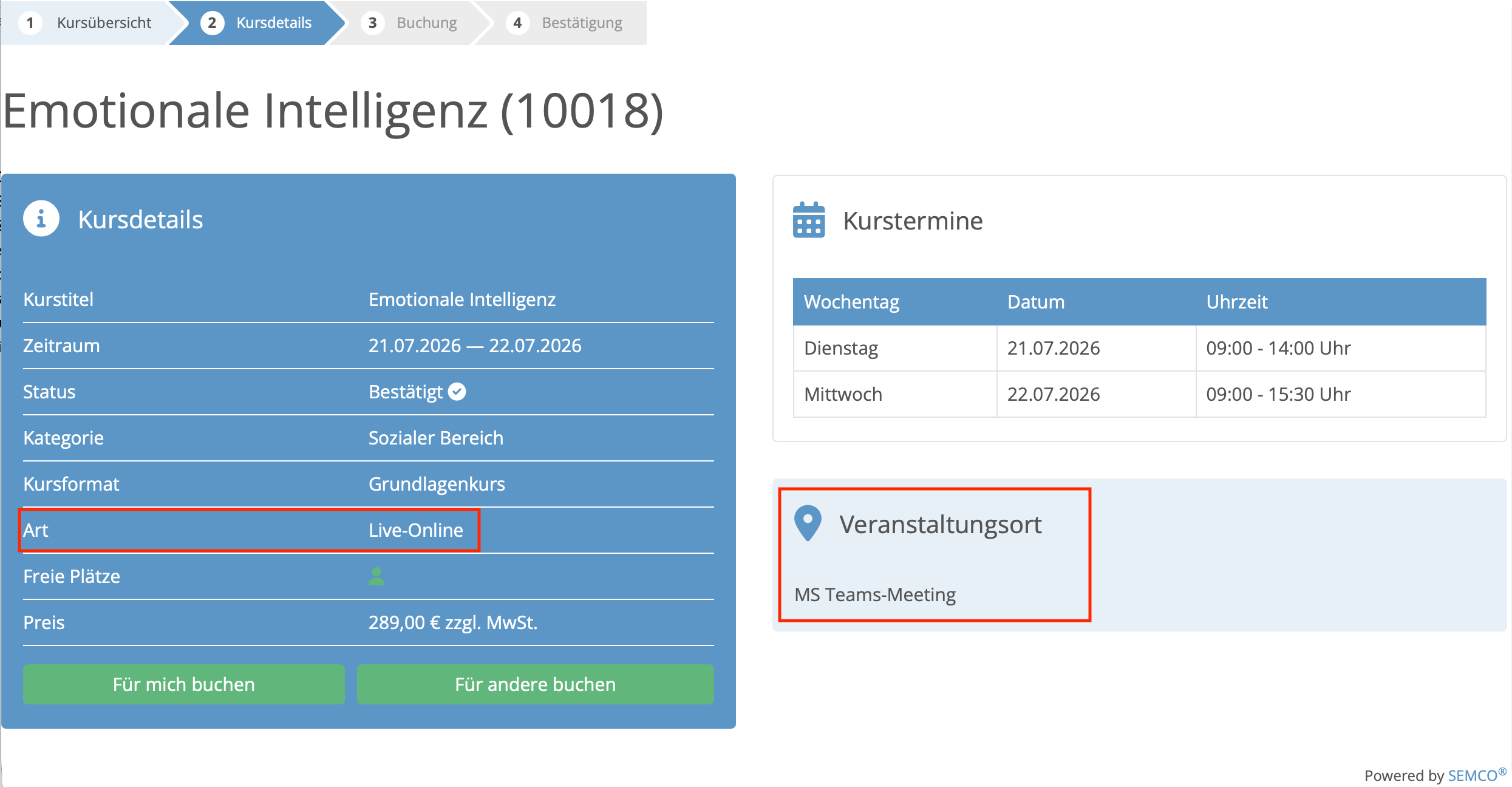 Kursdetails eines MS-Teams-Webinars im Kurskalender