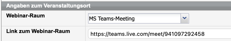 Veranstaltungsort MS Teams im Kursformular