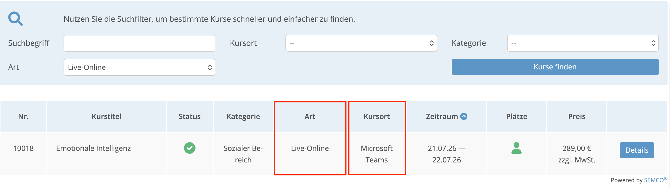 Darstellung eines MS-Teams-Webinars im Kurskalender