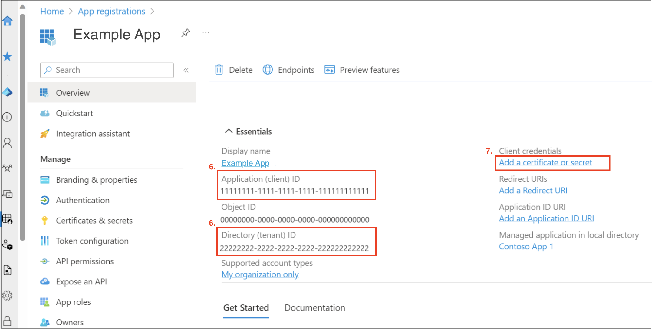 Application ID und Directory ID im Abschnitt Essentials