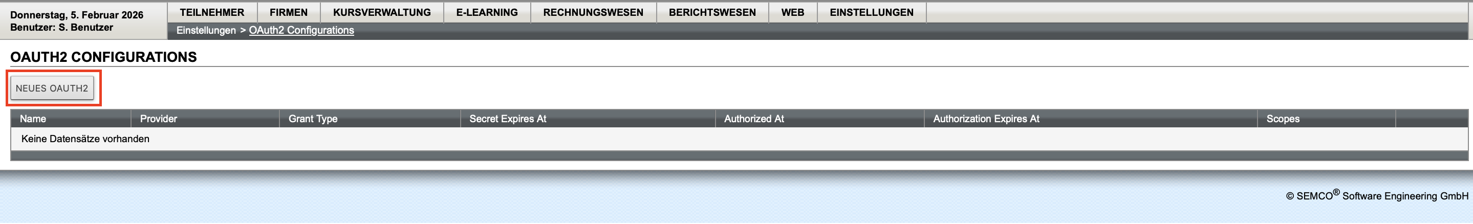 OAuth2-Übersichtsliste in SEMCO