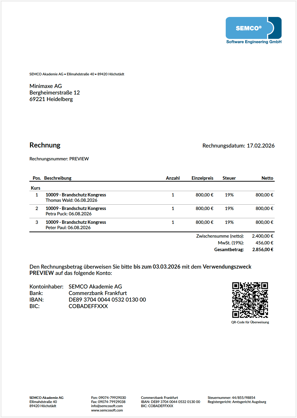Firmenrechnung mit QR-Code für die Überweisung