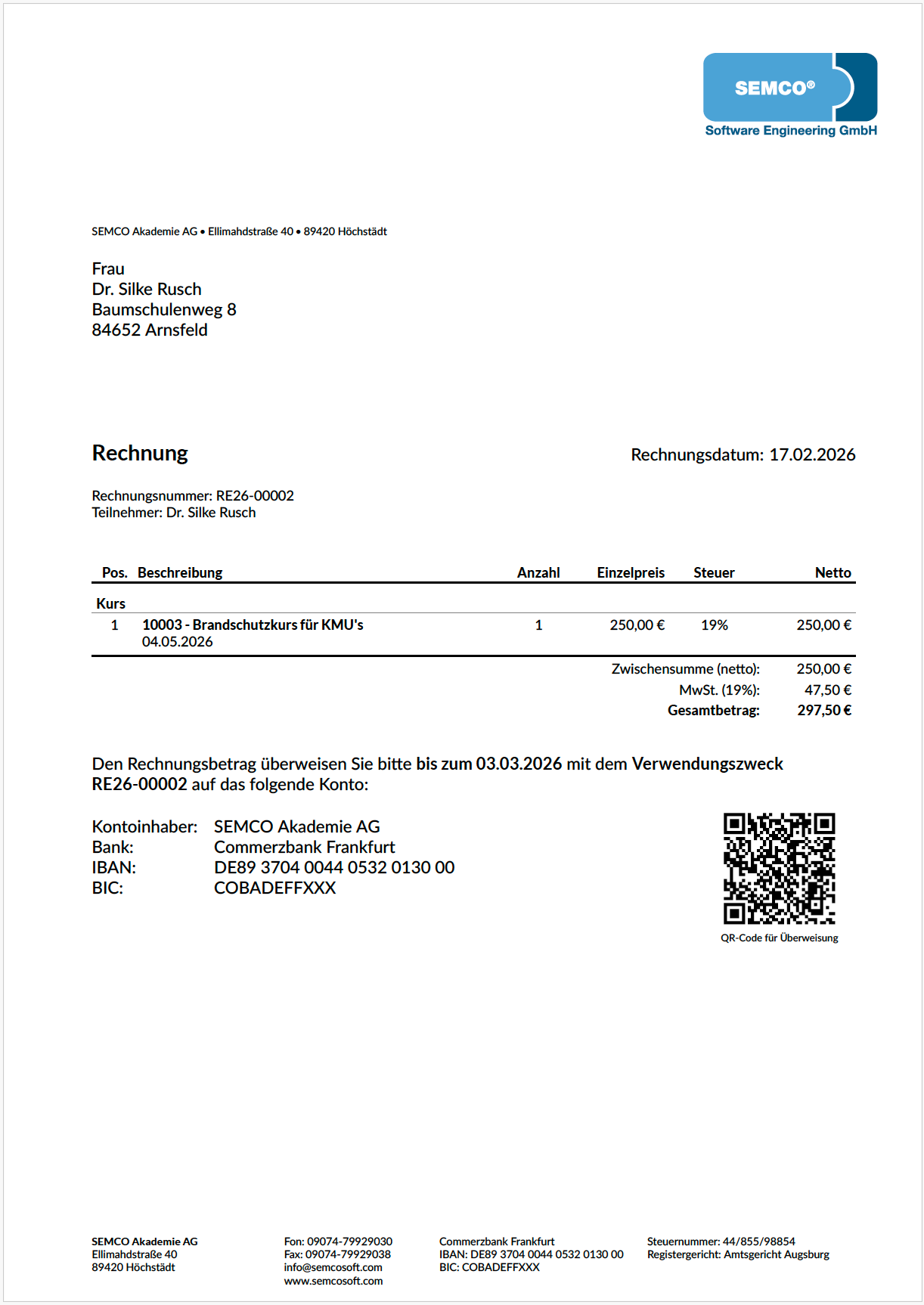 Teilnehmerrechnung mit QR-Code für die Überweisung