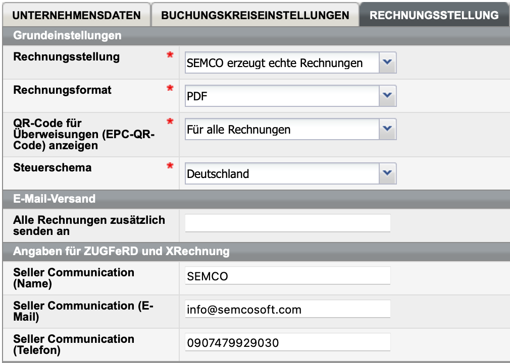 Formular Unternehmensdaten, Registerkarte Rechnungsstellung