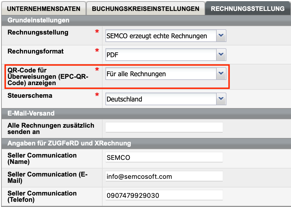 Neues Feld in den Unternehmensdaten, Registerkarte Rechnungsstellung