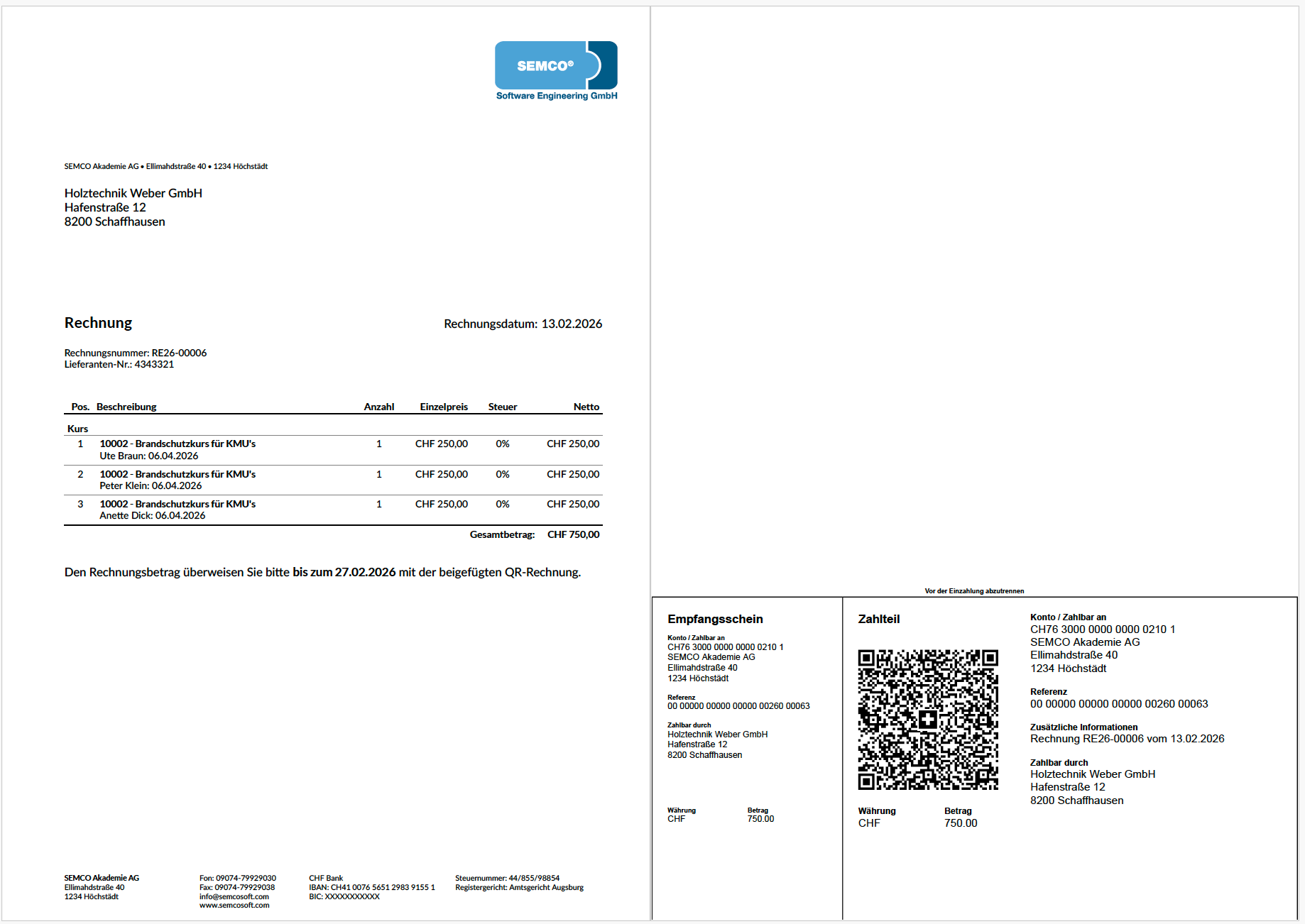 2-seitige QR-Rechnung für eine Firma (Schweiz/Liechtenstein)