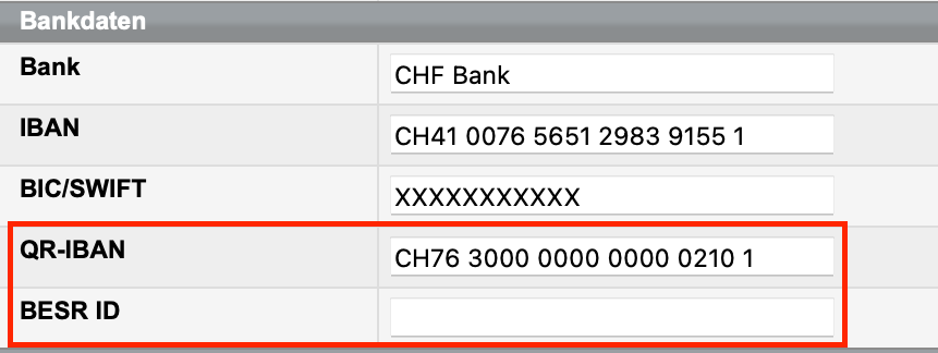 Unternehmensdatenfelder für QR-Rechnungen