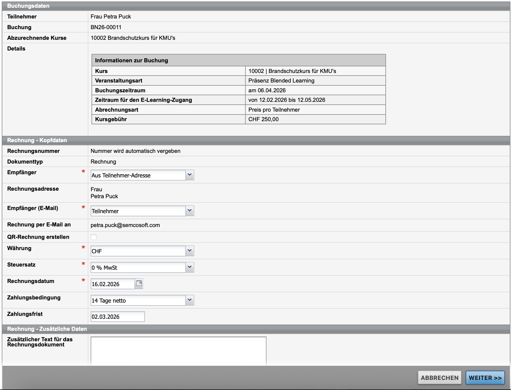 Rechnungsformular für private Teilnehmerbuchung