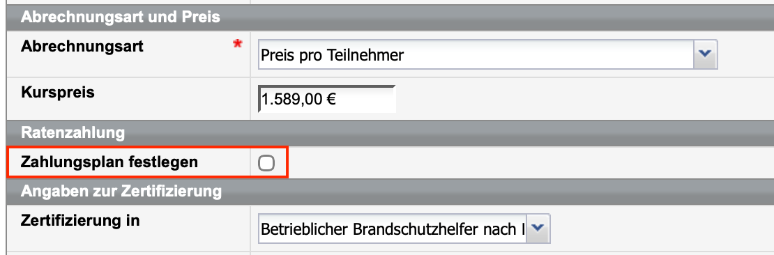 Checkbox für Ratenzahlungen im Kursformular