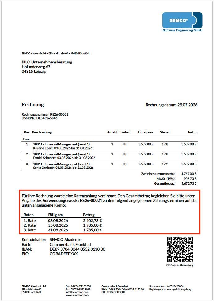 Firmenrechnungsdokument mit Zahlungsplan
