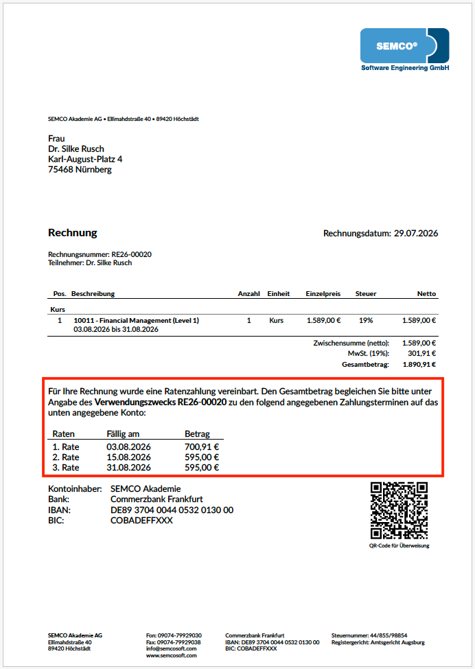 Rechnungsdokument Privatteilnehmer mit Ratenzahlungsplan