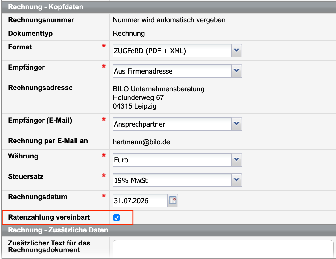 Rechnungsformular mit Checkbox für Ratenzahlungen