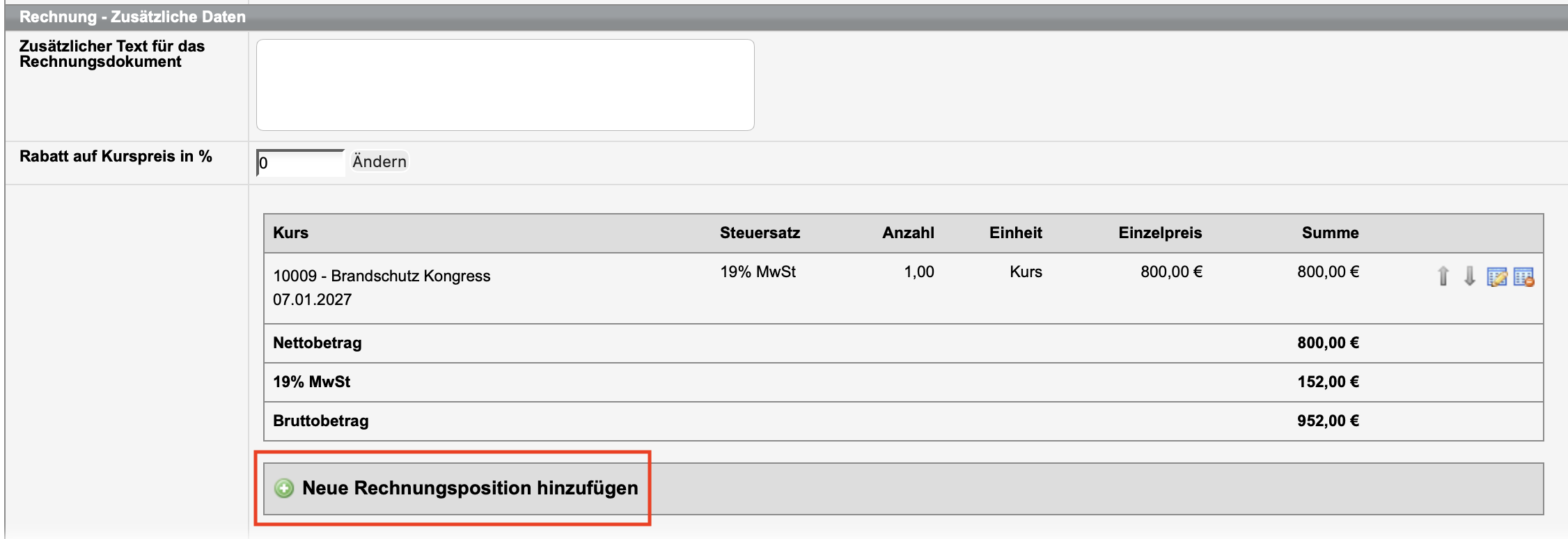 Rechnungsstellung für einen Privatteilnehmer, Bereich Zusätzliche Daten