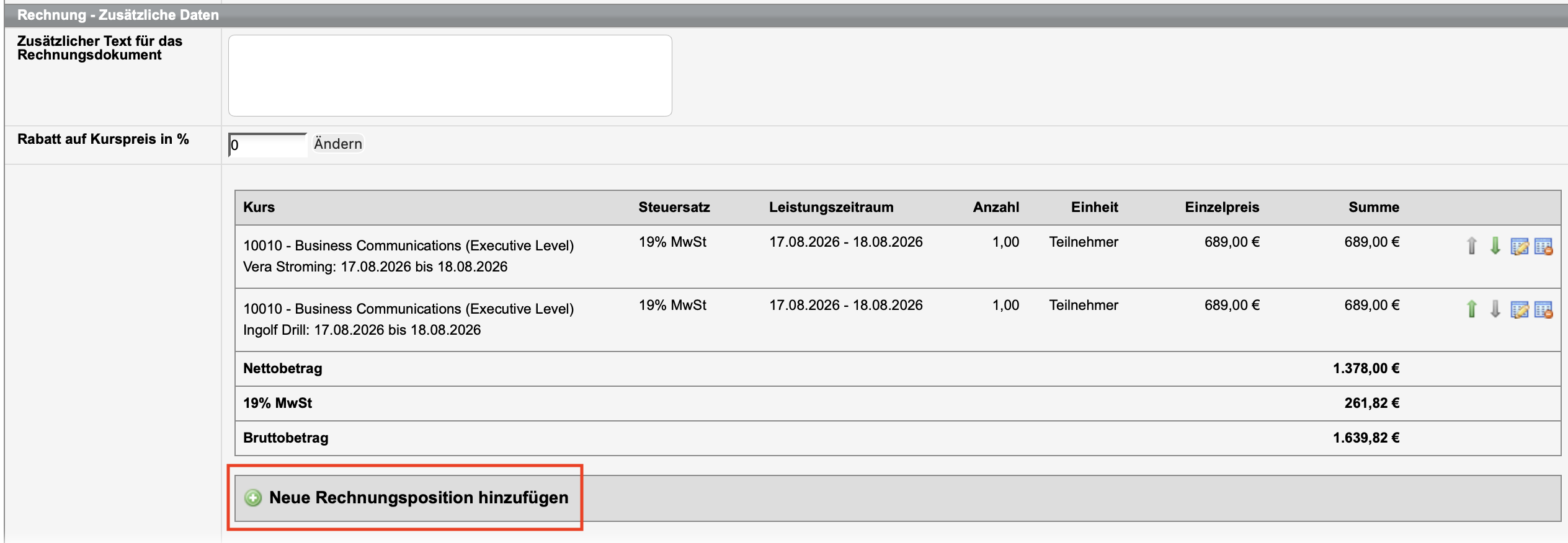 Screenshot des Formulars Rechnungserstellung im Bereich Zusätzliche Daten