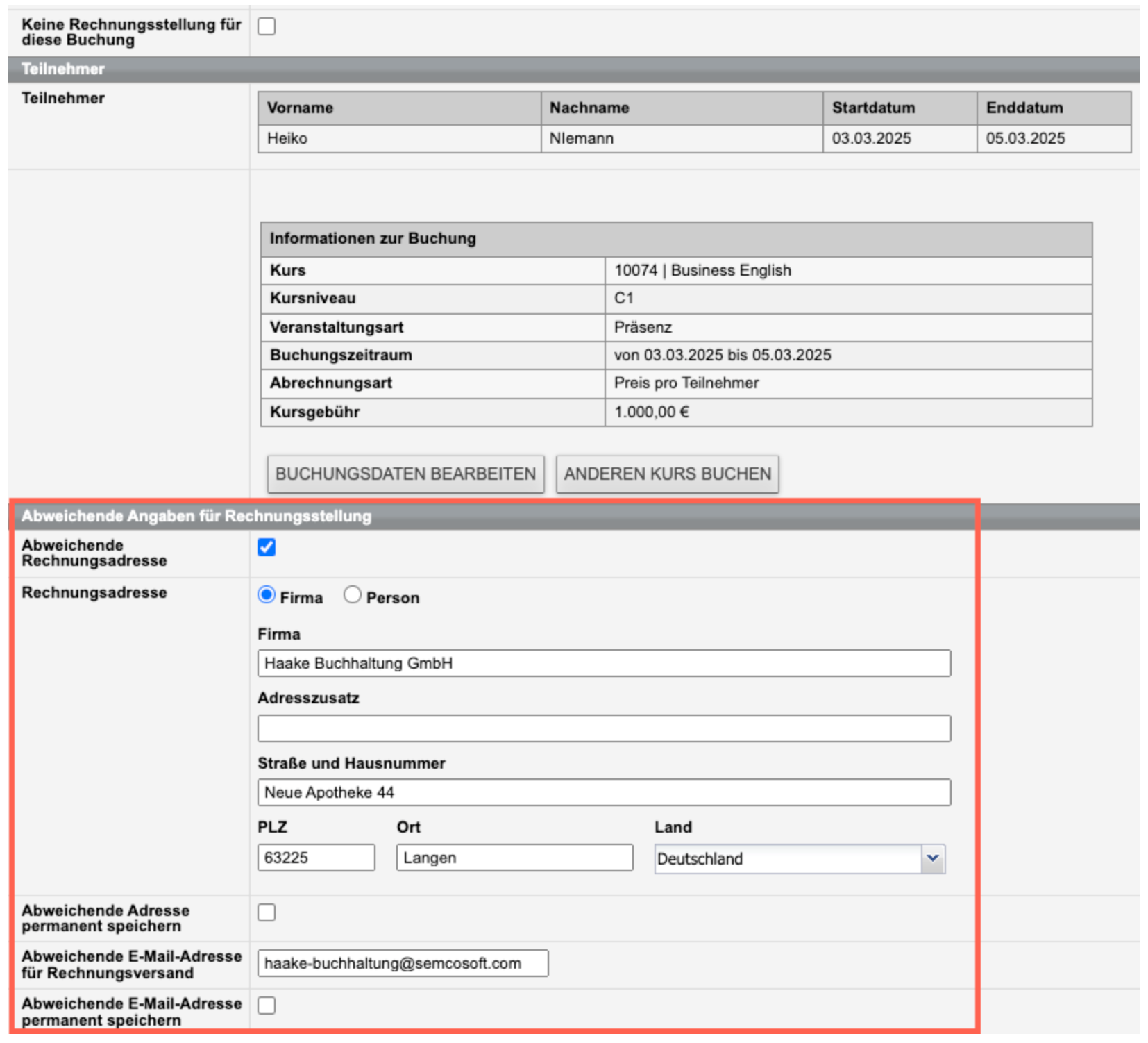 Abweichende Rechnungsadressen