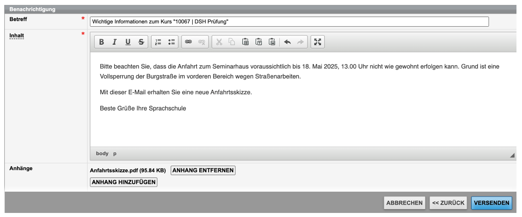 Formatierungsoptionen für Benachrichtigungen im Kurs