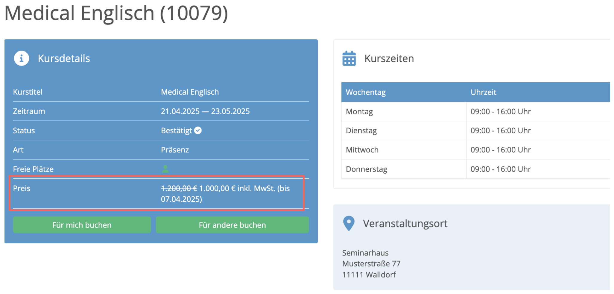 Frühbucherpreise im Kurskalender