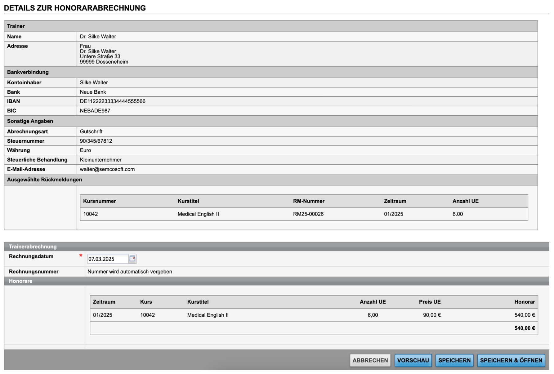 Use Case Trainerhonorarabrechnungen