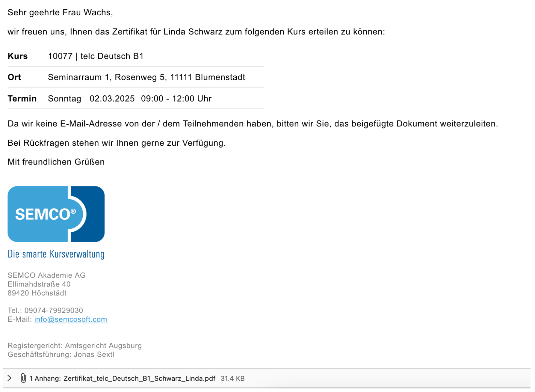 Versandfunktionen im Kurs