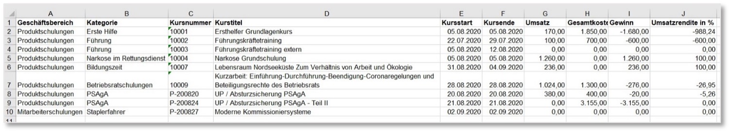 Nach MS Excel exportierter Rentabilitätsbericht