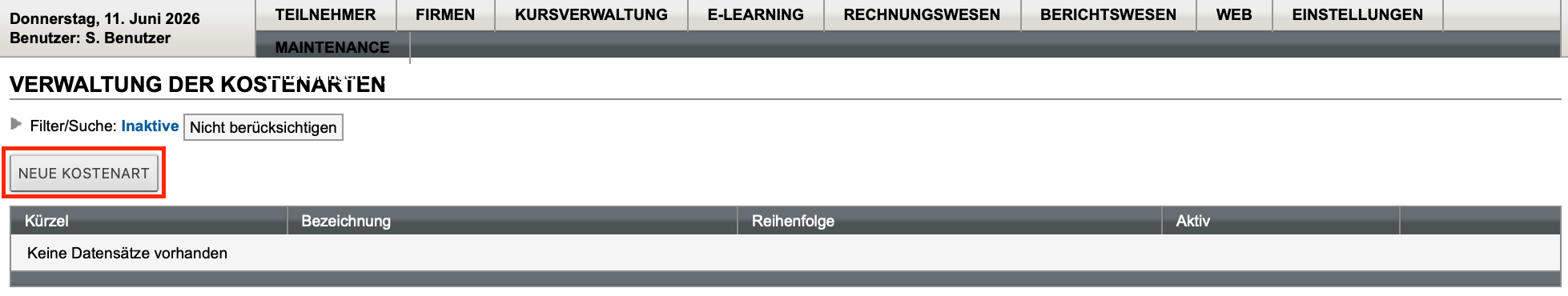 Kostenartenverwaltung ohne angelegte Kostenarten