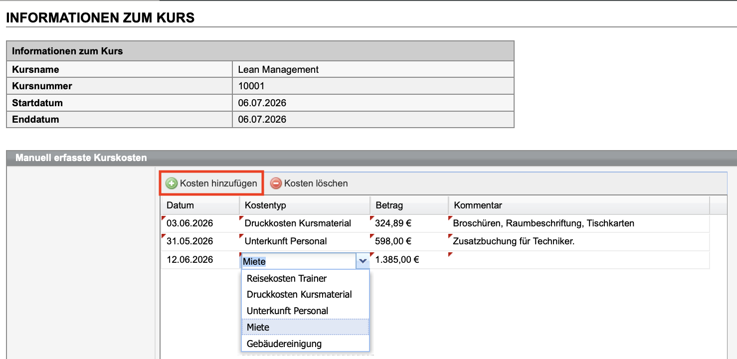 Kurskosten-Übersicht eines Kurses