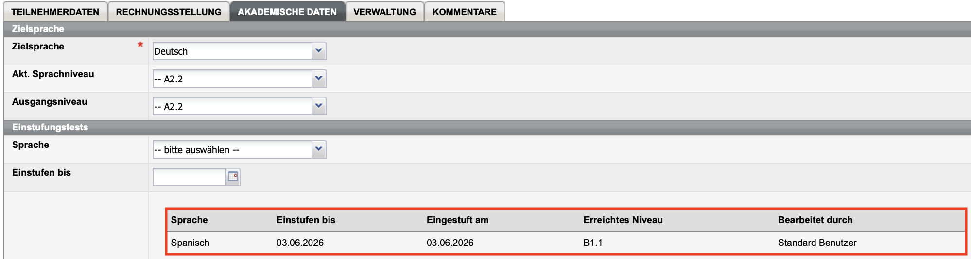 Aktualisierte Teilnehmerstammdaten nach dem Einstufungstest