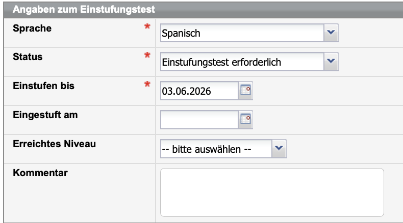 Formular mit Angaben zum Einstufungstest