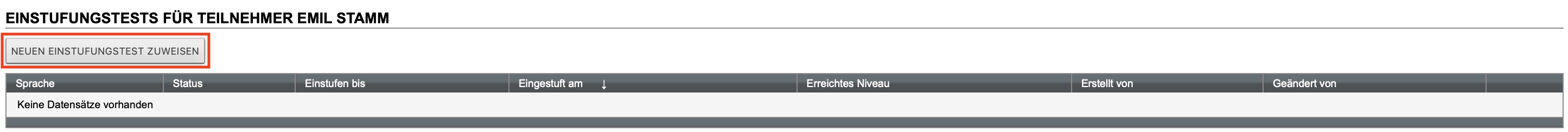Liste mit vorhandenen Einstufungstests
