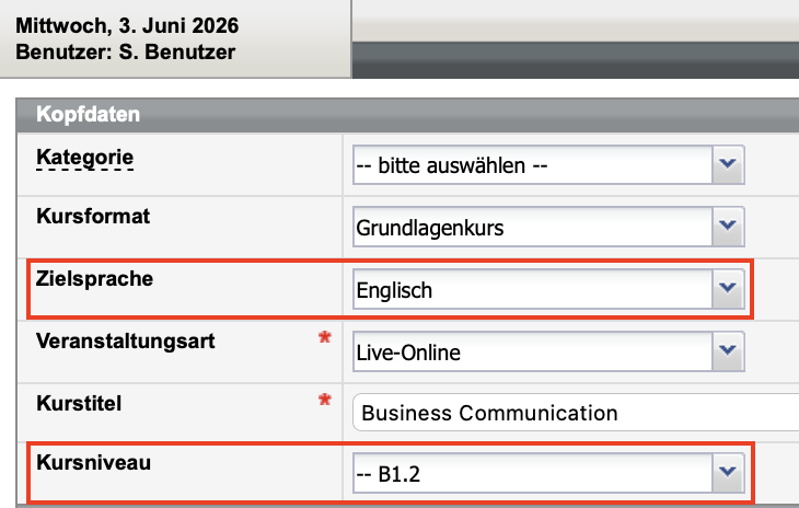 Sprachkursbezogene Felder im Kursformular