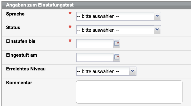 Leeres Formular für Angaben zum Einstufungstest