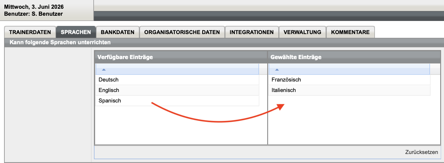 Registerkarte Sprachen in den Trainerstammdaten