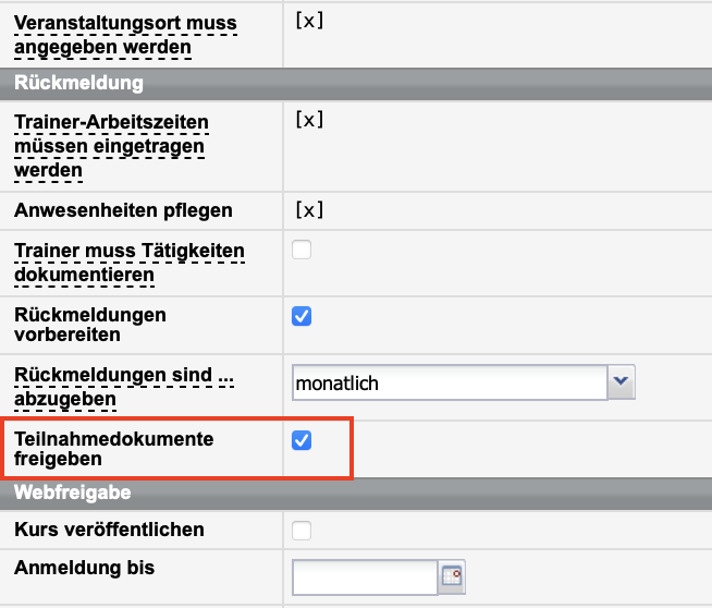 Checkbox Teilnahmedokumente freigeben in einem Kursformular