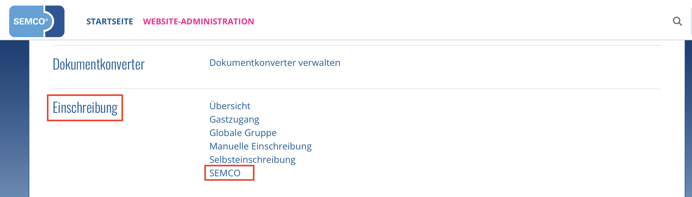 Einschreibungsmenü in der Moodle Website-Administration