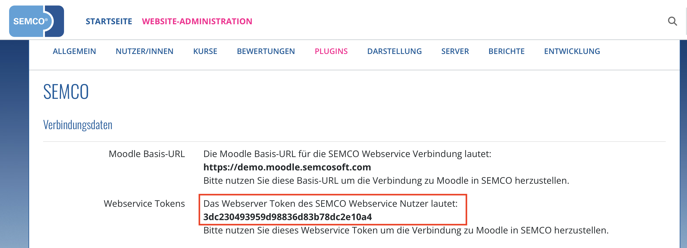 SEMCO Plugin-Menü mit den Verbindungsdaten in Moodle