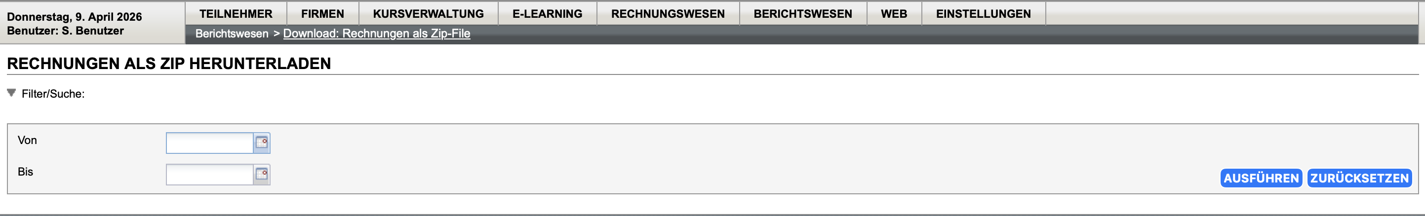 Auswahl des Datumsbereichs für den Rechnungsdownload