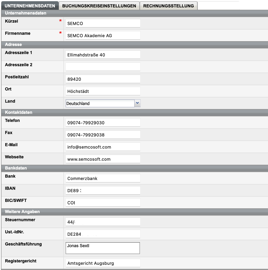 Unternehmensdaten - Grundeinstellungen