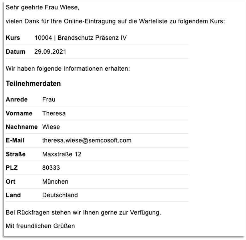 Bestätigungs-E-Mail bei Eingang einer Privatbuchung