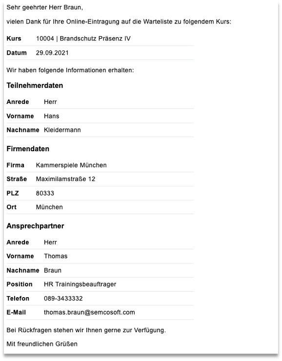 Bestätigungs-E-Mail bei Eingang einer Firmenbuchung