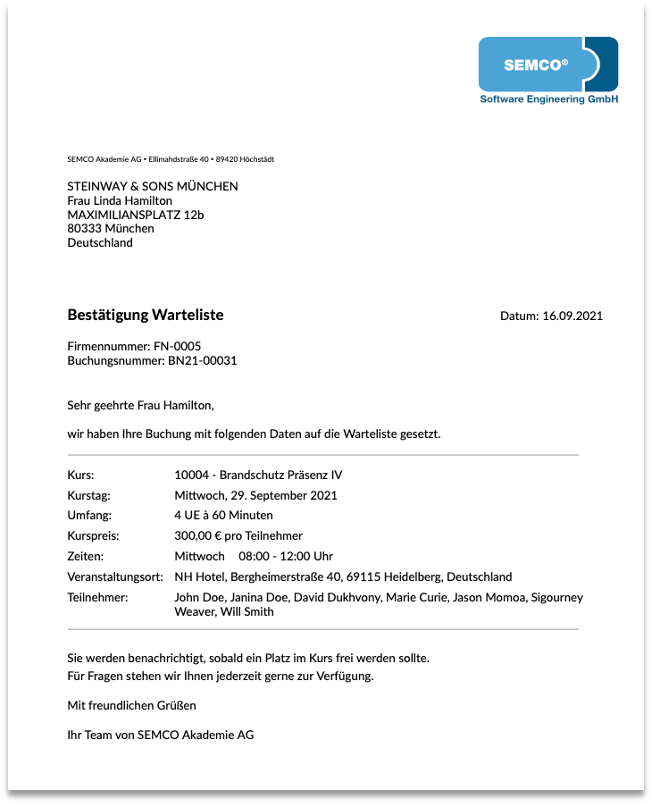 Firmenbuchung auf Warteliste