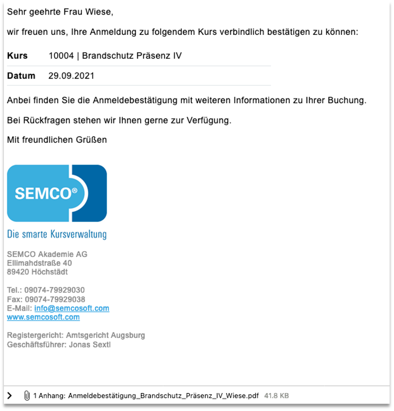 Buchungsbestätigung für Nachrücker bei Privatbuchung