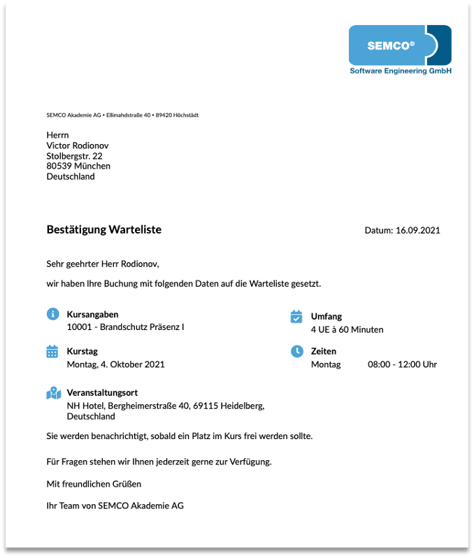 Privatbuchung auf Warteliste