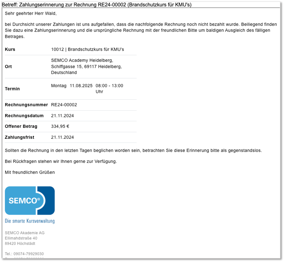 E-Mail zur Zahlungserinnerung